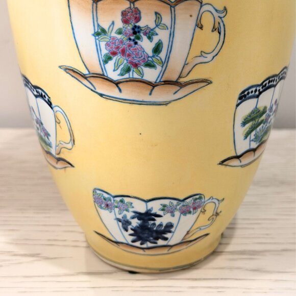 Vintage Large 12.5” HAND PAINTED Teacup Yellow VASE ORIENTAL ACCENTS Chinoiserie - Picture 5 of 11